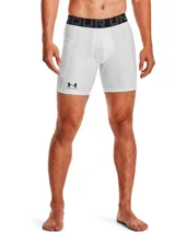 Short de compresión gris con pretina elástica negra con la marca Under Armour en blanco.