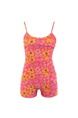 Enterito corto estampado con flores en tonos naranja, rosa y amarillo. Tiene breteles finos y escote en V.