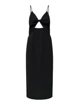 Vestido midi negro de corte camisole con breteles finos y abertura en la pierna.