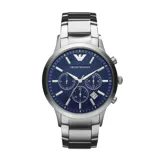 Reloj Emporio Armani modelo Renato con caja de acero plateado de 43mm de diámetro y esfera azul con tres subesferas.