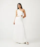 Vestido midi blanco de viscosa, con un solo hombro y corte en la cintura.
