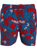 Bañador estampado integral en tonos rojos y azules, confeccionado con poliéster reciclado y cintura ajustable.
