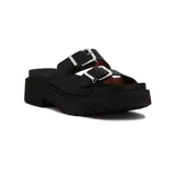 Sandalia tipo mule de plataforma gruesa y negra, con dos tiras anchas ajustables con hebillas metálicas plateadas.