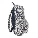 Mochila Rip Curl Dome de 18 litros con estampado de flores blancas sobre fondo azul marino. Tiene un compartimento principal con cierre, un bolsillo frontal con cierre y un asa de mano en la parte superior.