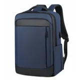 Mochila azul rígida de dos asas, con compartimento acolchado para laptop y bolsillo frontal con cierre.