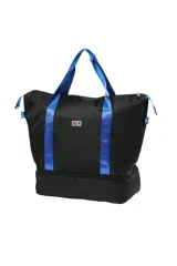 Bolso tipo tote negro con base rígida, doble asa corta azul y cierre superior con cremallera.