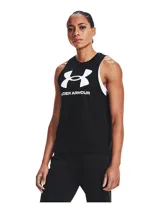 Musculosa deportiva Under Armour negra con logo blanco estampado en el pecho.