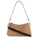 Cartera Guess modelo Noelle II, color beige con detalles en blanco y negro, con correa de mano negra y correa bandolera negra.
