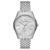 Reloj Emporio Armani modelo AR60076, con caja de acero plateado de 41mm y esfera blanca sunray. Movimiento automático de tres agujas con fechador. Correa de acero inoxidable plateado con cierre desplegable tipo mariposa. Resistente al agua hasta 50 metros.