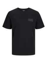 Camiseta negra de manga corta y cuello redondo con logo de la marca Jack & Jones en el pecho.