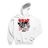 Canguro blanco de algodón con capucha y cordones ajustables. Estampado frontal con personajes del anime One Piece y logo de la serie.