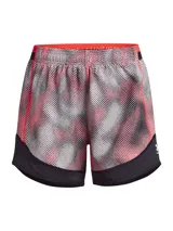 Short deportivo Under Armour Challenger Pro Print para mujer, con estampado abstracto en tonos rojo, gris y blanco. Cuenta con cintura elástica, calza interior y logo de la marca en la pierna.