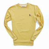 Buzo de punto waffle, color amarillo, con cuello redondo y diseño sencillo.