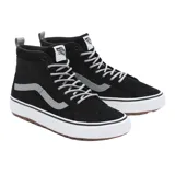 Championes de caña alta color negro, con suela blanca y diseño clásico de Vans.
