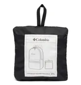 Mochila unisex Columbia Lightweight Packable color negro, con logo estampado en blanco. Liviana y plegable, con bolsillo frontal para accesorios, asa de agarre y correa de hombro ajustable. Se guarda en un bolsillo exterior. Capacidad de 19 litros.