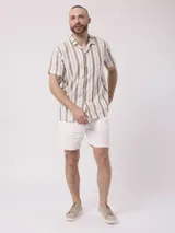 Camisa de hombre de manga corta con rayas verticales azules y blancas.