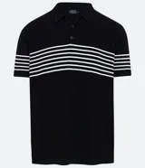 Polo de hombre slim fit, confeccionada en viscosa y poliamida, color negro con rayas horizontales blancas, cuello tradicional con botones y mangas cortas.