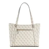 Cartera tote Guess modelo Daryna mediana, color blanco con estampado del logo de la marca en marrón. Tiene doble asa de hombro, cierre superior con cremallera y dije colgante con el logo de Guess.