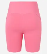 Bermuda deportiva de poliamida color rosado, con tiro alto y pespunte doble en los laterales.