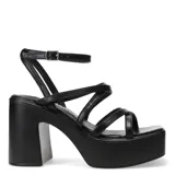 Sandalias de fiesta negras con plataforma y taco ancho. Presentan múltiples tiras finas cruzadas sobre el empeine y tobillo con hebilla ajustable.