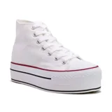 Zapatillas deportivas de caña alta color negro, con plataforma doble blanca y detalles en rojo.
