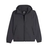 Campera impermeable Hollister color gris oscuro, con capucha, cierre frontal con cremallera, bolsillos laterales con cremallera y forro interior de polar.