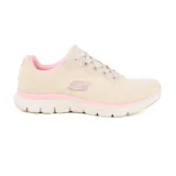 Zapatillas deportivas Skechers Flex Appeal 4.0 Fresh Move, color beige con detalles en rosa. Capellada de malla Skech-Knit, plantilla Air Cooled Memory Foam y suela de goma flexible.