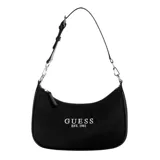 Cartera bandolera Guess Arona, color negro, con correa ajustable de cuero sintético y cadena plateada. Tiene cierre superior con cremallera, logo frontal y herrajes plateados.