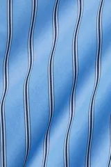 Vestido camisero de corte evasé y holgado, color celeste con finas rayas verticales en negro. Presenta cuello de pico, botonadura frontal y mangas largas con puños abotonados.