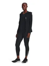Campera deportiva Under Armour Outrun The Storm para mujer, color negro, con capucha y cierre frontal completo. Logo de la marca estampado en el pecho y en la manga.