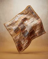 Pañuelo cuadrado de seda 100% natural con estampado abstracto en tonos marrones, beige y grises, inspirado en una biblioteca.