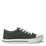 Zapatillas de lona color oliva con suela blanca y detalles en negro y rojo, con cierre de cordones.