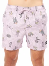 Short de baño lila con estampado de ranas y otros dibujos.