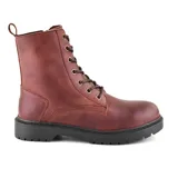 Bota de cuero color marrón con cordones y suela de goma negra.
