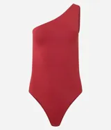 Body básico color durazno, con escote asimétrico y un solo hombro. Confeccionado en microfibra de poliamida y elastano.