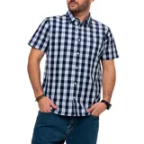Camisa de hombre a cuadros azules, negros y blancos, de manga corta y corte clásico.