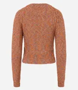 Suéter de punto melange color naranja con hilos metalizados, cuello redondo y mangas largas raglán.