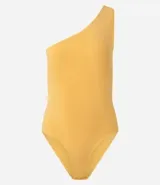 Body básico color durazno, con escote asimétrico y un solo hombro. Confeccionado en microfibra de poliamida y elastano.