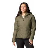Campera verde militar con capucha, resistente al agua, con aislamiento térmico y tecnología termorreflectante Omni-Heat™. Tiene bolsillos laterales con cierre, bolsillo interior de seguridad y puños con orificios para los pulgares.