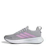 Championes Adidas Runblaze para mujer, color gris con tres franjas laterales en color rosado. Presentan una suela blanca con tecnología Cloudfoam y detalles en la puntera y talón en gris oscuro.