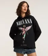 Buzo negro de algodón y poliéster con capucha ajustable y puños acanalados. Estampa frontal del disco "In Utero" de la banda de rock Nirvana.