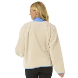 Canguro beige de polar con cierre frontal, cuello alto y detalles en color celeste.