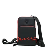 Bandolera negra con detalles en rojo, con correa de tela regulable y logo de la marca en el frente.