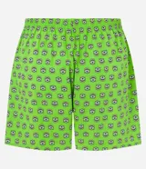 Calzoncillo tipo bóxer de tela tricolina verde con estampa de Mike Wazowski, personaje de Monsters Inc., y etiqueta de Pixar en la cintura elástica.