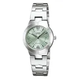 Reloj Casio analógico para mujer, modelo LTP1241D-3ADF, con caja y correa de acero inoxidable color plateado, esfera verde claro con números arábigos y agujas plateadas. Resistente al agua hasta 30 metros.