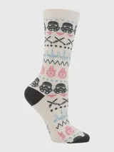 Calcetines largos color crema con puño, talón y puntera negros. Presentan un estampado con motivos de Star Wars: cascos de Stormtroopers, naves espaciales y sables de luz en colores negro, rosa y celeste.