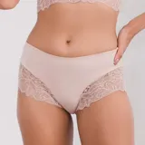 Bombacha negra de lycra con paneles de encaje floral en los laterales.
