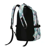 Mochila de lona estampada, impermeable, con compartimento para notebook y bolsillos laterales.