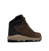 Bota de senderismo Columbia Newton Wander para hombre, color gris oscuro con detalles en negro y naranja. Fabricada en cuero impermeable con tecnología Omni-Tech y suela de caucho Omni-Grip para mayor tracción.