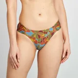 Braguita de bikini brasileña con estampado floral en tonos marrón, verde, azul y amarillo.